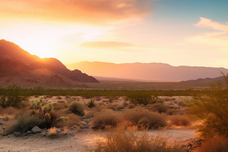 blissful sunset over tranquil desert valley, with majestic mountains in the background, created with generative aiの素材