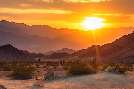 blissful sunset over tranquil desert valley, with majestic mountains in the background, created with generative aiの素材