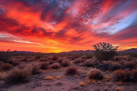 sunrise over the desert, with dramatic reds and pinks illuminating the sky, created with generative aiの素材