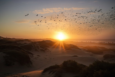 sunrise over the dunes, with a flock of birds taking flight, created with generative aiの素材