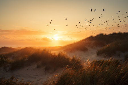sunrise over the dunes, with a flock of birds taking flight, created with generative aiの素材