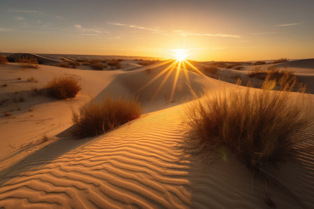 desert with the sun setting behind the dunes, casting a warm and golden glow, created with generative aiの素材
