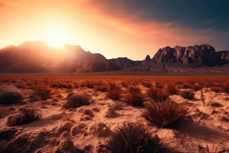 desert landscape, with the sunrise and sunset skies in view, against dramatic mountain range, created with generative aiの素材