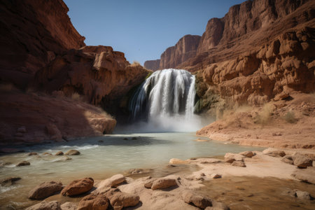 desert mirage of a towering waterfall, with the water flowing down the rocks, created with generative aiの素材