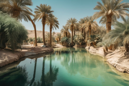 desert mirage of a lush oasis with palm trees and clear blue water, created with generative aiの素材