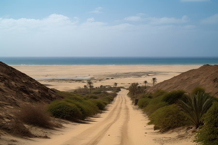 desert road, with mirages of swimming pools and tropical beaches in the distance, created with generative aiの素材