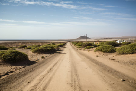 desert road, with mirages of swimming pools and tropical beaches in the distance, created with generative aiの素材