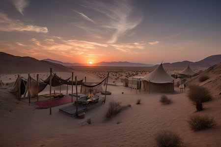 cozy desert camp, with view of surreal and otherworldly sunset mirage, created with generative aiの素材