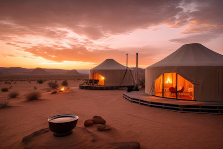 cozy desert camp, with view of surreal and otherworldly sunset mirage, created with generative aiの素材