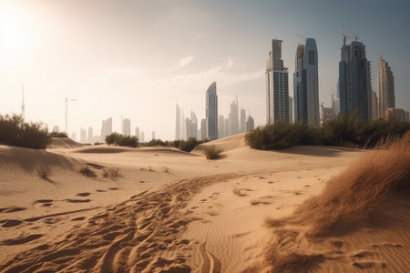 desert mirage of towering skyscrapers, reflecting the modernity and advancement of the city, created with generative aiの素材