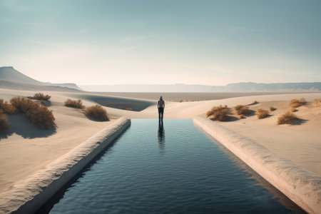 person, standing in the middle of a desert, with mirage of endless pool of water before them, created with generative aiの素材