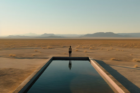 person, standing in the middle of a desert, with mirage of endless pool of water before them, created with generative aiの素材