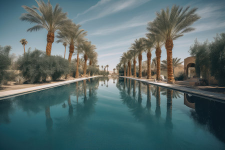 desert mirage of swimming pool, with palm trees and serene blue sky visible in the distance, created with generative aiの素材