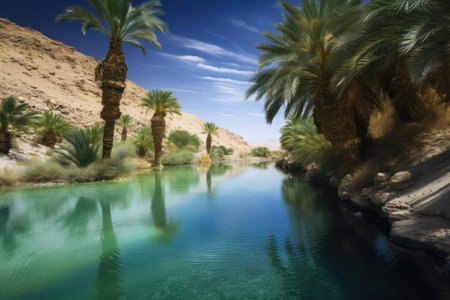 desert mirage of lush oasis, with palm trees and clear blue water, created with generative aiの素材