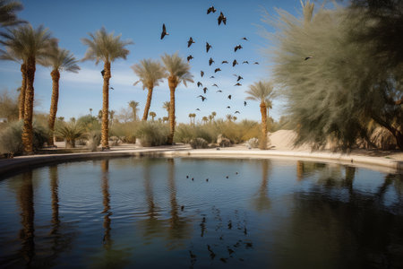 desert mirage of shimmering pool, with palm trees and birds flying overhead, created with generative aiの素材