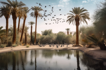 desert mirage of shimmering pool, with palm trees and birds flying overhead, created with generative aiの素材