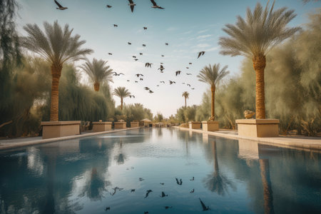 desert mirage of shimmering pool, with palm trees and birds flying overhead, created with generative aiの素材
