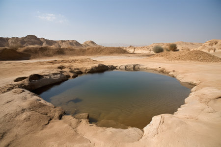 desert mirage of pool of cool, refreshing water in the hot, dry desert, created with generative aiの素材