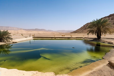 desert mirage of pool of cool, refreshing water in the hot, dry desert, created with generative aiの素材