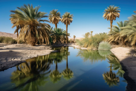 a mirage of a crystal-clear oasis in the middle of the desert, with palm trees and water, created with generative aiの素材