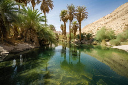 a mirage of a crystal-clear oasis in the middle of the desert, with palm trees and water, created with generative aiの素材