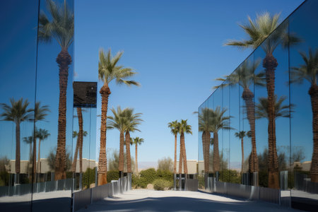 close-up of mirage, with palm trees and clear blue sky visible, created with generative aiの素材