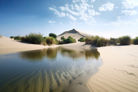 a towering sand dune surrounded by a mirage of crystal-clear water, created with generative aiの素材