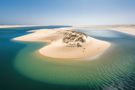 a towering sand dune surrounded by a mirage of crystal-clear water, created with generative aiの素材