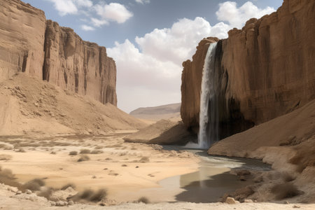 a mirage of a towering waterfall in the middle of a desert, created with generative aiの素材