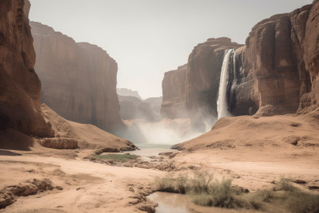 a mirage of a towering waterfall in the middle of a desert, created with generative aiの素材