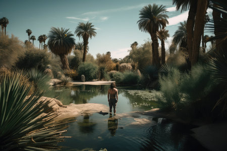 person, lost in the desert and seeing mirages of water pools and lush gardens, created with generative aiの素材
