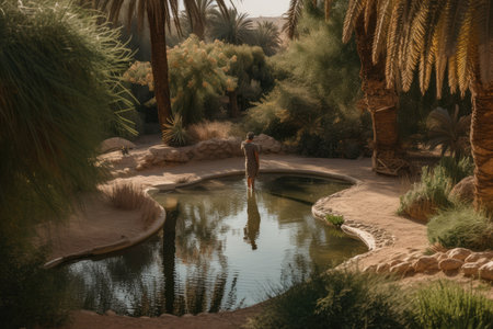 person, lost in the desert and seeing mirages of water pools and lush gardens, created with generative aiの素材
