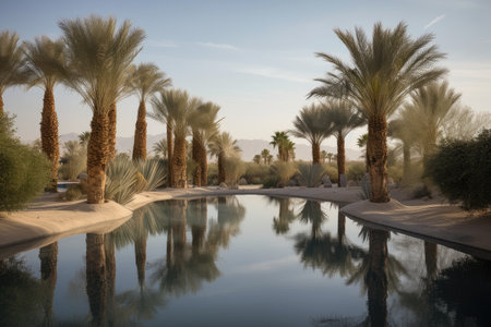 desert mirage of shimmering pool of water, with palm trees in the background, created with generative aiの素材