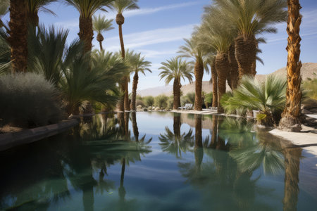desert mirage of shimmering pool of water, with palm trees in the background, created with generative aiの素材