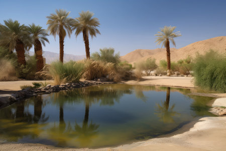 desert mirage of a sparkling oasis in the middle of nowhere, created with generative aiの素材