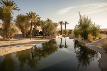 desert mirage of a sparkling oasis in the middle of nowhere, created with generative aiの素材
