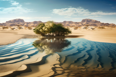 desert mirage with distant oasis, with an optical illusion of water and vegetation, created with generative aiの素材