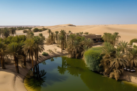 majestic oasis, hidden among the dunes and mirages of the desert, created with generative aiの素材