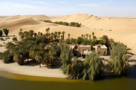 majestic oasis, hidden among the dunes and mirages of the desert, created with generative aiの素材