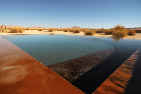 desert mirage of swimming pool shimmering in the heat of the sun, created with generative aiの素材