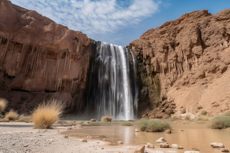 desert mirage of towering waterfall in the middle of the desert, created with generative aiの素材