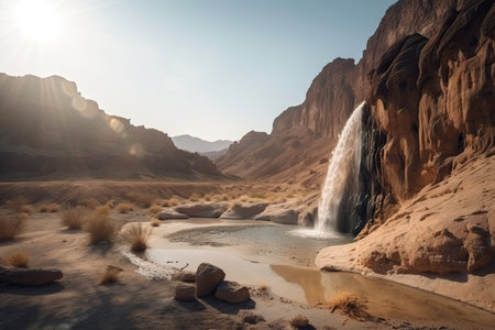 desert mirage of towering waterfall in the middle of the desert, created with generative aiの素材