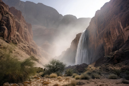 desert mirage of towering waterfall, with mist and spray visible, created with generative aiの素材