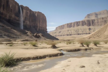 desert landscape with mirage of towering waterfall in the distance, created with generative aiの素材