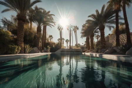 desrtscape with mirage of a swimming pool, surrounded by palm trees and sun shining down, created with generative aiの素材