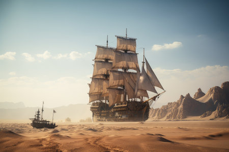 bewildering mirage of giant ship sailing across the desert, with billowing sails and towering masts, created with generative aiの素材