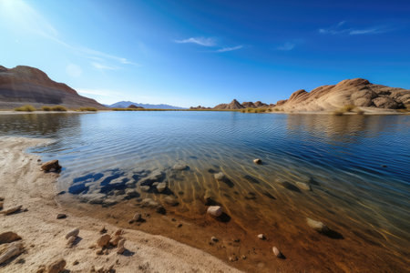 desert mirage of crystal-clear lake, with warm sun and blue sky shining down, created with generative aiの素材