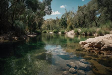 a mirage of a flowing stream, with crystal-clear water and greenery visible in the distance, created with generative aiの素材