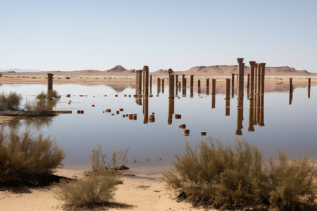 desert mirage, with towering columns of water in the distance, created with generative aiの素材