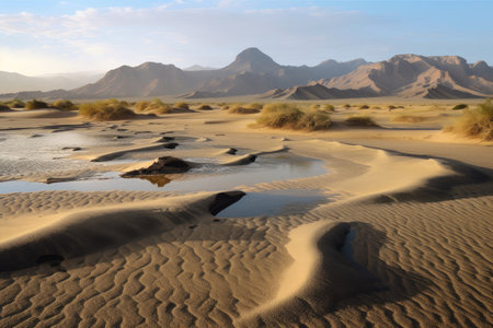 desert landscape with undulating mirages of water and mountains in the distance, created with generative aiの素材